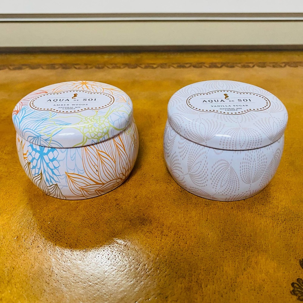 Set of 2 Soi Candles Aqua de Soi Amber Woods & Vanilla Sugar Decorative Tin NEW